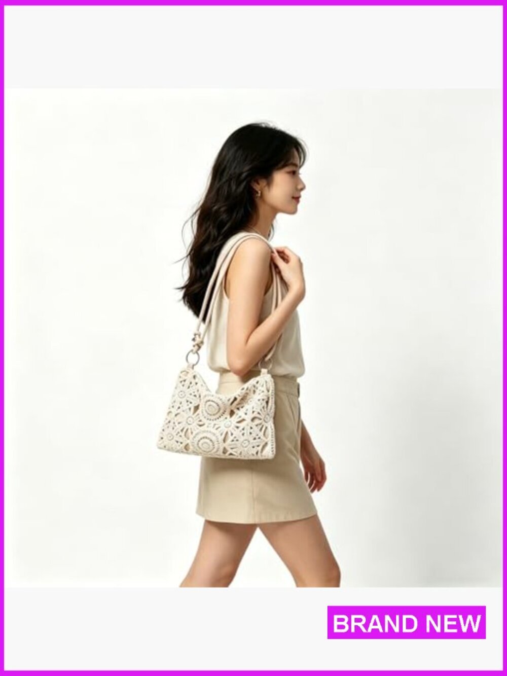Floral Hollow Out Woven Boho Shoulder Bag Metal Clasp Summer Travel Beach - Picture 2 of 7
